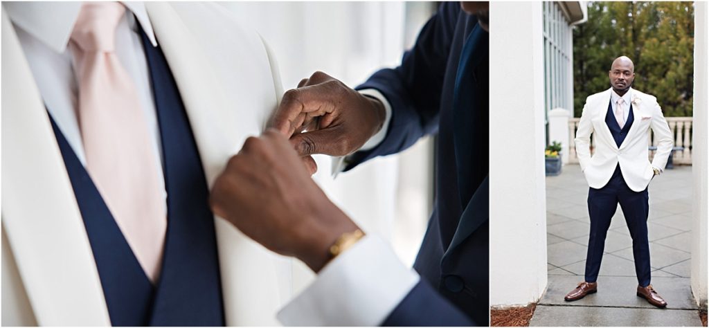 pink tie, navy vest, white and navy tux, Atlanta Wedding Photographer, Ashton Gardens