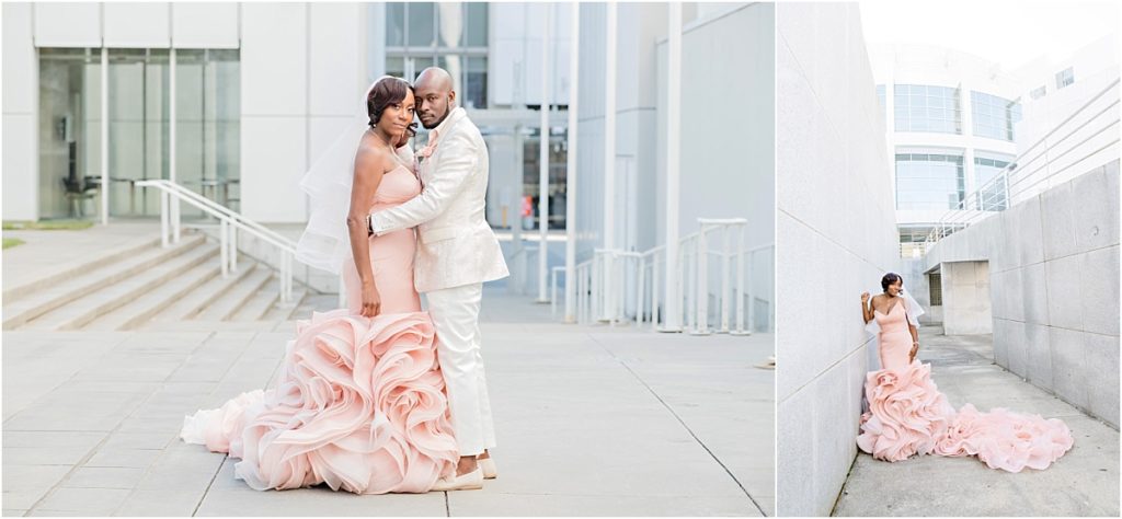 High Museum of Art Wedding Portraits, High Museum of Art Couples Portraits, Atlanta Wedding Photographer, Pink Wedding Dress, White and Navy Tux