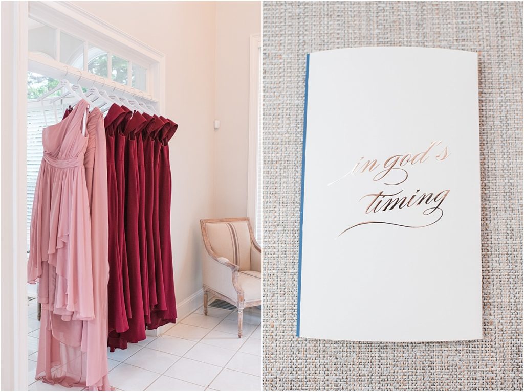 light pink and burgandy bridesmaid dresses, in God's timing wedding ceremony program, Atlanta Wedding Photographer
