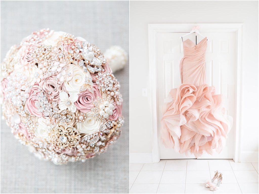 light pink white and cream with diamonds bouquet, stunning pink wedding dress, Atlanta Wedding Photographer, Ashton Gardens, wedding venue, High Museum of Art