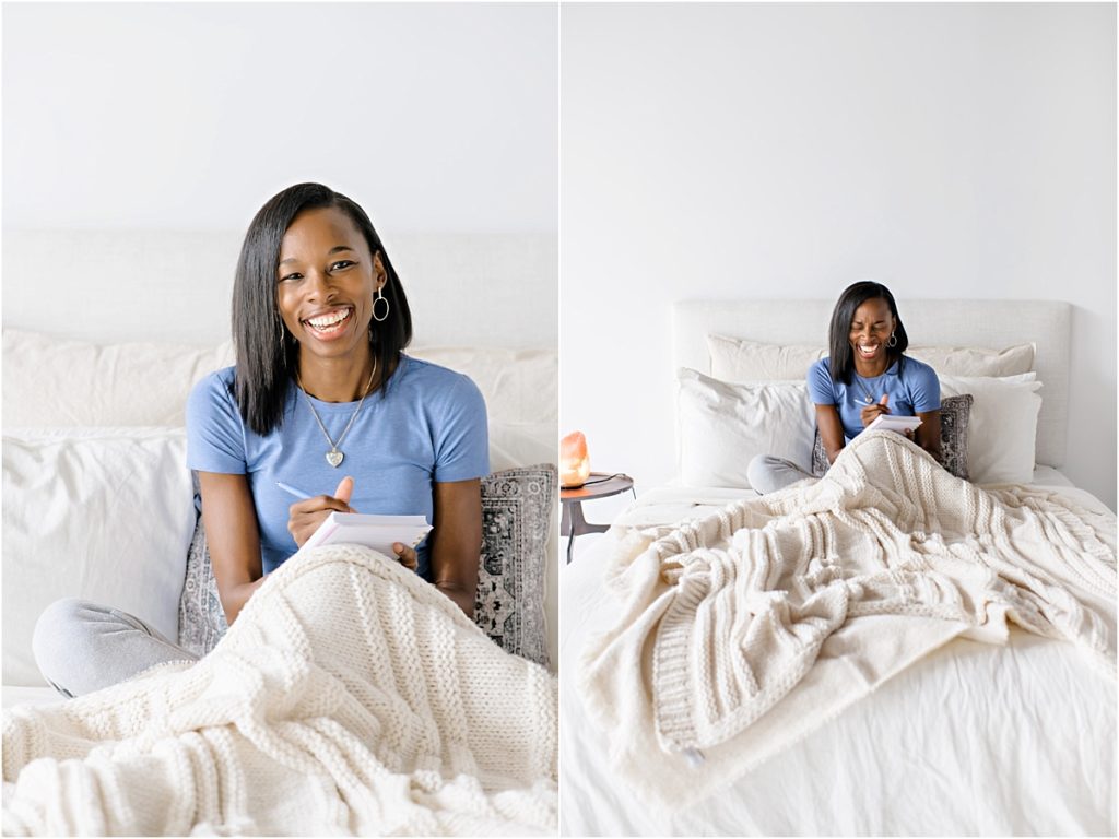 branding photo on white bed with ivory blanket and notebook relaxed vibe