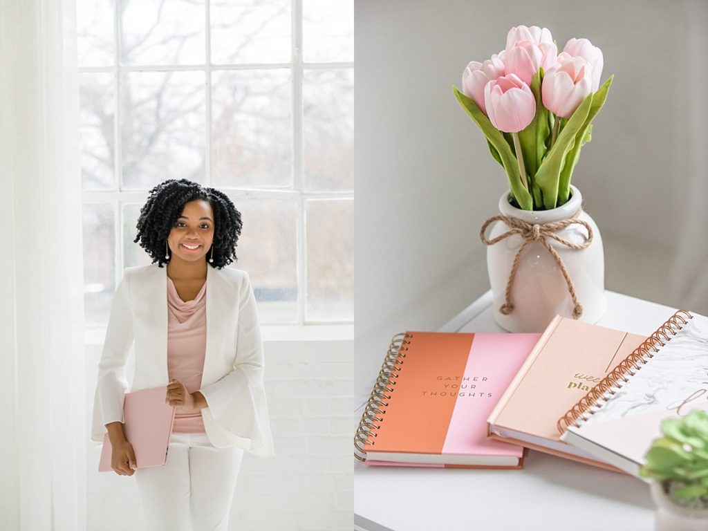 woman's white suit with blush shirt, woman with computer, journals and flowers, woman carrying computer in branding photo