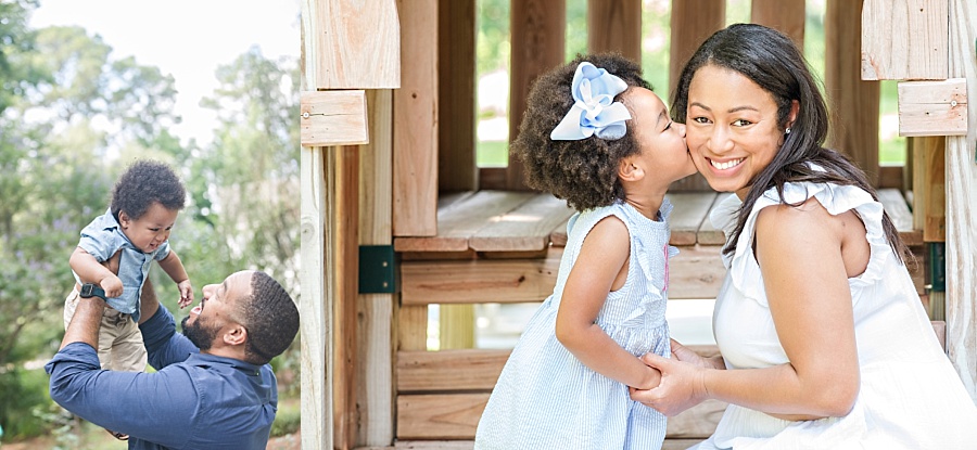 mom and daughter kissing photo, dad and toddler son flying photo