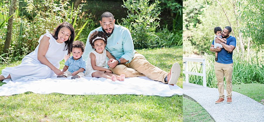 Savannah GA family session, family photos, family on blanket in grassy field, dad and son photo