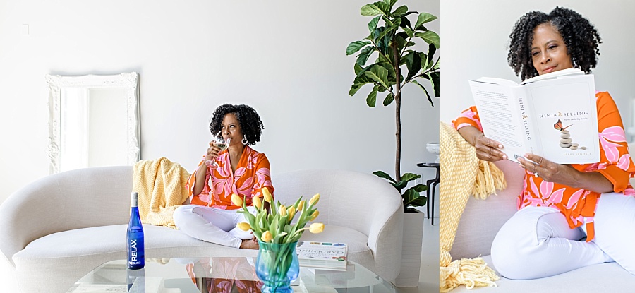 woman reading on couch with wine, woman reading book, branding session, Atlanta Branding Photographer
