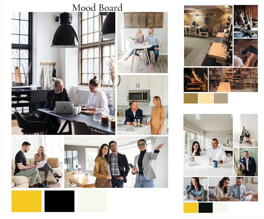 elevating, upscale, high-end mood board for personal brand photo shoot, husband+wife business team